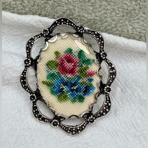 Vintage Petit Point Pink Rose Brooch